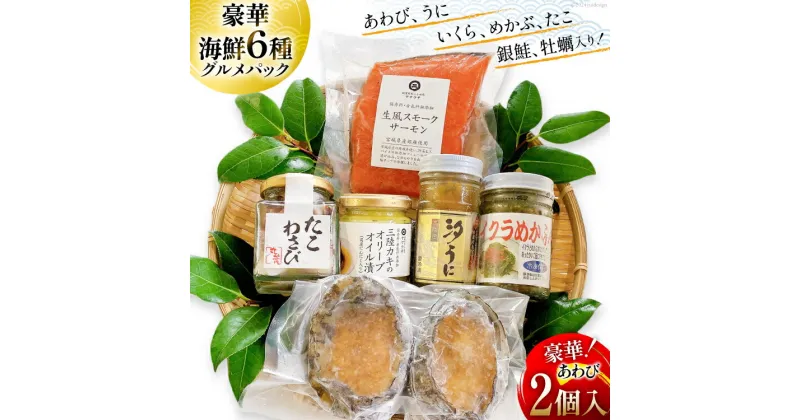 【ふるさと納税】海鮮 セット 6種グルメパック1 蝦夷あわび 2個入 汐うに 65g イクラめかぶ 130g たこわさび 150g 生風スモークサーモン 200g 三陸カキのオリーブオイル 90g [たみこの海パック 宮城県 南三陸町 30ae0030] 冷凍 アワビ ウニ イクラ タコ カキ