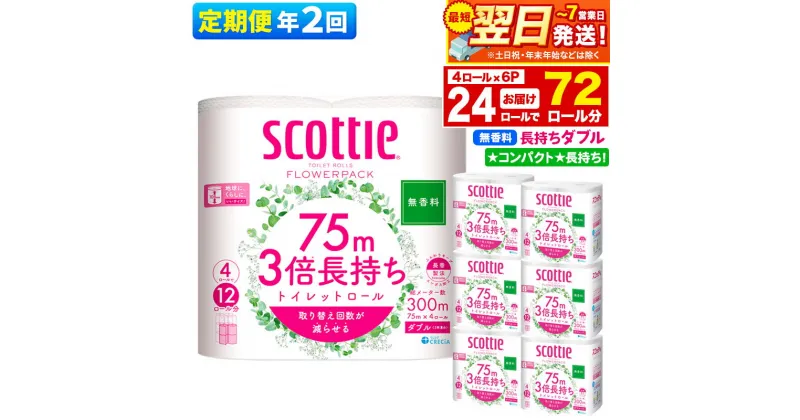 【ふるさと納税】《6ヶ月ごとに2回お届け》定期便 トイレットペーパー スコッティ フラワーパック 3倍長持ち〈無香料〉4ロール(ダブル)×6パック 秋田市オリジナル【レビューキャンペーン中】