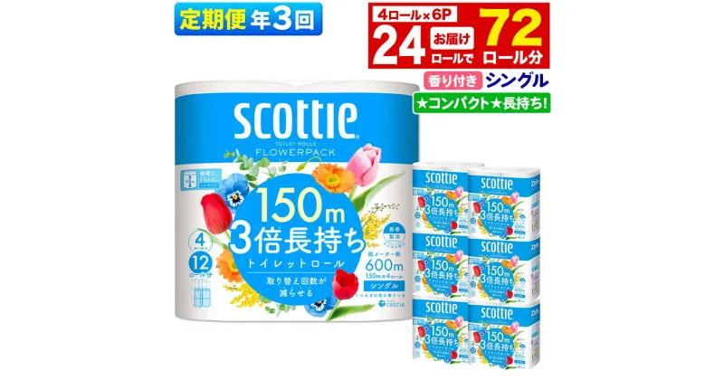 【ふるさと納税】《4ヶ月ごとに3回お届け》定期便 トイレットペーパー スコッティ フラワーパック 3倍長持ち〈香り付〉4ロール(シングル)×6パック 秋田市オリジナル【レビューキャンペーン中】