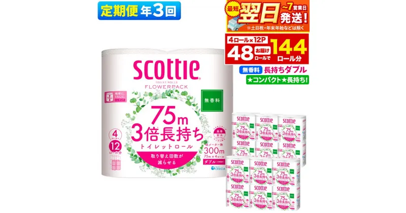 【ふるさと納税】《4ヶ月ごとに3回お届け》定期便 トイレットペーパー スコッティ フラワーパック 3倍長持ち〈無香料〉4ロール(ダブル)×12パック 最短翌日発送【レビューキャンペーン中】