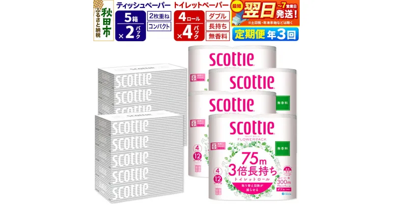 【ふるさと納税】《4ヶ月ごとに3回お届け》定期便 トイレットペーパー スコッティ 3倍長持ち 無香料 4ロール(ダブル)×4P ＆ ティッシュペーパー スコッティ10箱(5箱×2P) 秋田市オリジナル【レビューキャンペーン中】