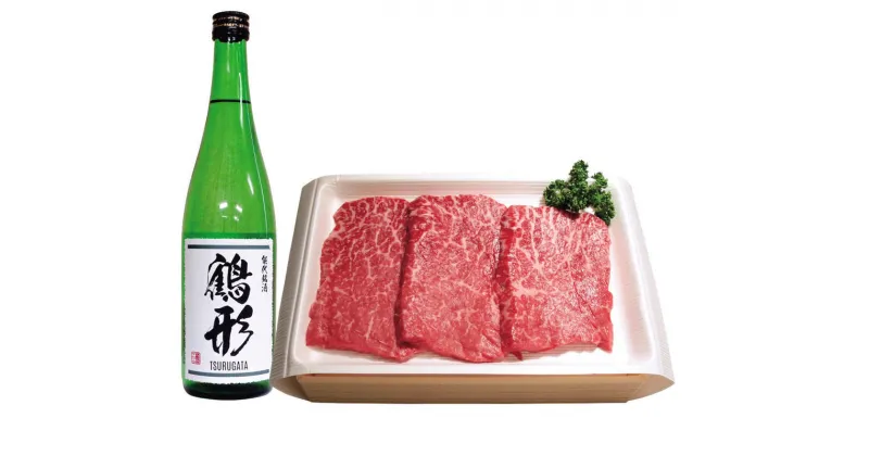 【ふるさと納税】国産 牛肉 鶴形牛モモステーキ・大吟醸「鶴形」セット　【 お肉 黒毛和牛 肉料理 食材 国産 ステーキ肉 おうちディナー お祝い 日本酒 】　お届け：受取可能日時を必ずご記入ください。