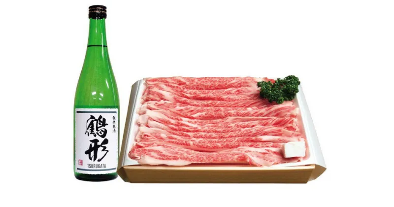 【ふるさと納税】国産 牛肉 鶴形牛バラすきやき用・大吟醸「鶴形」セット　【 お肉 黒毛和牛 肉料理 食材 国産 集まり 年末 年始 正月 お祝い 日本酒 】　お届け：受取可能日時を必ずご記入ください。