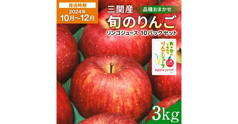 【ふるさと納税】【12月上旬まで受付】【2024年10月～12月発送】 三関産 旬 りんご 3kg + 果汁100 ％ りんごジュース 10個 セット 中生種 品種お任せ 早生ふじ シナノスイート 王林 等の中から 美味しい 林檎 をお届け 果物 ジュース 三関 [B2-2602]