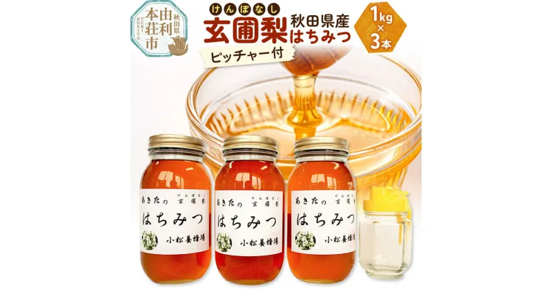 【ふるさと納税】小松養蜂場 はちみつ 秋田県産 100％ 玄圃梨蜂蜜 1kg×3本 ピッチャー付【8月より順次発送】