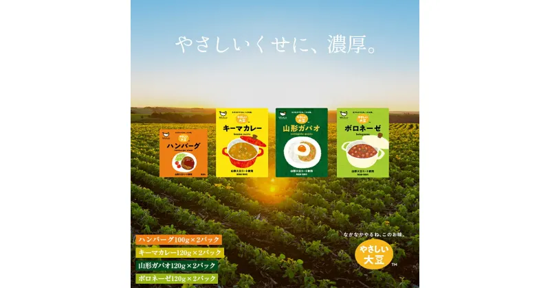 【ふるさと納税】山形大豆ミート やさしい大豆4種セット（ハンバーグ2P、キーマカレー2P、山形ガパオ2P、ボロネーゼ2P） 大豆ミート 大豆 惣菜 セット 詰合せ 着色料不使用 山形県 新庄市 F3S-1619