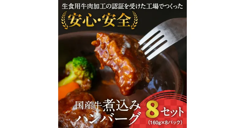 【ふるさと納税】《こだわり製法のデミグラス》国産牛使用　煮込みハンバーグ（160g×8個）湯煎で温めるだけ 【 お取り寄せ ご当地 惣菜 個包装 小分け 便利 時短 冷凍 簡単 特産 土産 ソース おかず お肉屋さん 弁当 ごはん 洋食 肉 お弁当 子ども キャンプ 特別 】